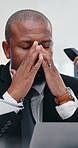 Business, tired and man in office, multitasking and exhausted with deadline, chaos or pressure. Person, anxiety or consultant with burnout, stress or frustrated with time management or fatigue