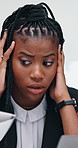 Business, headache and woman in office, multitasking and overwhelmed with stress, chaos or pressure. Person, anxiety or consultant in workplace, burnout or deadline with time management or migraine