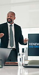 Monitor, presentation and workshop with business black man in boardroom for renewable energy. Coaching, development and display with mature African employee speaking in office for project management