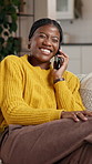 Black woman, relax and laugh with phone call at house for discussion, funny joke and catch up. Happy, female person and talking with mobile for conversation, gossip news and chat online with contact