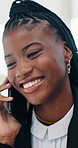 Business, phone call and black woman with smile, conversation or lawyer with networking. African person, legal case or attorney with cellphone, laughing or schedule with law firm, feedback or contact