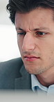 Businessman, confused and computer glitch at office with mistake, stress or thinking at finance agency. Person, broker and frustrated with 404, crisis or lost profit with review at investment company