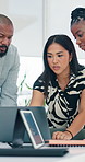 Laptop, meeting and planning with group of business people in office for compliance review. Team, talking and discussion with computer in workplace for policy development, idea or project briefing