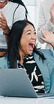 Business woman, laptop and high five with celebration, teamwork and success for project funding approval. Staff, group and employees with computer, opportunity and promotion email with clapping hands