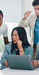 Disappointed, business and people with laptop in office for bad news, finance crisis and error. Frustrated, staff and pc with negative feedback, accounting mistake and funding rejection of investment