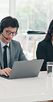 Call center, laptop and man with headset, coworkers or explain services to contact or telemarketing. Sales, communication and people with tech for lead generation, consultant and discussion with mic