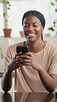 Black woman, typing or laugh with phone in home for funny text, social media meme and mobile chat. Happy, person and smartphone in apartment for online joke, streaming service and internet connection