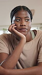 Disappointed, student and woman in home, thinking and unhappy with bad grades, sad or mental health. House, reflection and black person with depression for funding rejection, lonely and exam fail