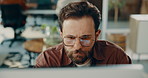 Thinking, man and reading on computer in office for research, review article or editing draft. Journalist, coworking and pc for proofreading, report news and story headline on publication information