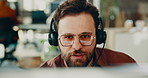 Headset, man and technical support consultant in office with communication, contact us or crm. Mic, talking and male call center agent with customer service, discussion or help desk in workplace.