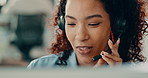 Business, call center and woman in office, discussion and help desk with communication. Person, employee and consultant in workplace, headset and customer service with tech support and contact us