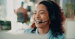 Business, call center and woman with smile, conversation and laughing with headset. Happy, employee and consultant in workplace, funny and customer service with tech support, humor and discussion