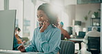 Woman, computer and talking on headset in call center for customer service, online query or advice. Coworking, friendly agent or consulting with technology for account management, assistance or flare