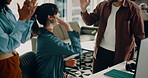 Smile, people and computer with high five at call centre for success, bonus and crm achievement. Excited, staff or applause with pc for sales goals, client feedback and congratulations as team winner