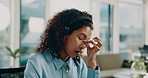 Frustrated, woman and consultant with stress in call center for burnout, fatigue or eye strain. Female person, agent or overworked with headset or migraine for mental health or pressure in office