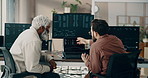 Businessmen, stock market and trading with computer in office for company finance or investment. Back view, male people or broker with technology, screen or cryptocurrency for exchange in workplace