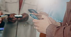 Cellphone, circle and hands of business people in office for networking, communication or connectivity. Technology, teamwork and group of employees with phone for contact on mobile app in workplace.