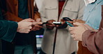Phone, circle and hands of business people in office for networking, communication or connectivity. Technology, teamwork and group of employees with cellphone for contact on mobile app in workplace.