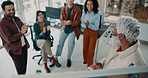 Mature man, team and applause for presentation at startup with smile, support and congratulations. Speaker, group and business people with celebration, meeting or motivation at creative agency