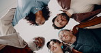 Teamwork, office and below of business people huddle for meeting, partnership and celebration. Creative agency, low angle and workers in circle for collaboration, support or excited for project goals