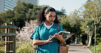 Woman, medical student and tablet at campus, outdoor and click for class schedule on web in summer. Girl, tech and learning at healthcare college with application, notification and walk at university