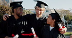 Happy people, walking or students with certificate for graduation or scholarship together on campus. Excited graduate, classmates or group of friends with hug for diploma qualification or achievement