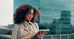 Tablet, scroll and business woman in city to check email, message or property development. Technology, urban planner and outdoor with app for online communication, infrastructure and research