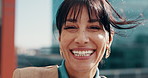 Smile, face and professional with business woman in city for confidence, real estate agent and pride. Property developer, opportunity and corporate with portrait of mature person outdoor as realtor