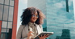 Tablet, walking and happy businesswoman in city to scroll email or property development. Technology, urban planner and outdoor for online communication, infrastructure or research with African person