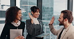Business, celebration and people with tablet, high five and cooperation with profit increase. Happy, gesture and man with women, tech and discussion with email, bonus and support with investment deal