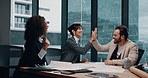 Happy woman, lawyer and meeting with high five, team and applause for legal solution at company. Attorney, business people and celebration for goals, success and policy review at corporate law firm