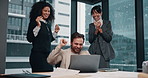 Success, high five and business people on laptop in office for profit, investment and stock increase. Corporate, team and workers on computer with good news for budget approval, bonus and celebrate