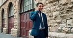 Happy, businessman and walking with phone call in city for corporate travel, discussion or commute. Man, employee or traveler with smile or briefcase on mobile smartphone for business chat in town
