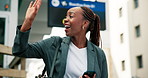 Phone, wave and taxi with business black woman in city for ehailing app, contact and travel. Cab service, communication and online booking with person outdoor for commute, search and networking