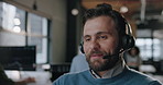 Call center, happy and business man in office for financial consulting, online insurance and help. Assistant, company and worker on computer with headset for customer service, crm support or contact