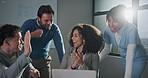 Business, applause and people in office, laptop and profit growth with success. Employees, women and men with pc, achievement and clapping with investment deal, revenue increase and cooperation
