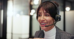 Customer service, call center and woman in office talking for online consulting, faq and advice. Insurance agency, professional and business person with headset for contact, crm support and help