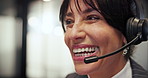 Customer service, call center and happy woman in office talking for online consulting, faq and advice. Insurance agency, professional and business person with headset for contact, crm support or help
