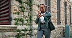 Black woman, city and checking watch with phone call for business deadline, delay or late schedule. Female person, talking and wristwatch with mobile smartphone for time management in an urban town