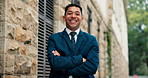 Happy, crossed arms and face of businessman in city with confidence for corporate finance career. Laugh, professional and portrait of financial manager from Mexico with pride for job growth in town.