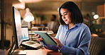 Night, tablet and business woman in office for financial review, online trading and investment. Computer, working late and person on tech for finance proposal, budget report and stock market research