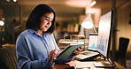 Night, tablet and business woman with statistics for financial review, online trading and investment. Computer, working late and person on tech for finance proposal, budget report and stocks research