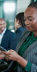 Phone, research and typing with business woman in office for property developer, text message and online. Reading, real estate investor and mobile with person in realtor agency for opportunity