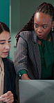 Business, people and meeting with laptop in office for discussion, finance report and budget plan. Women, talking and pc with teamwork, financial feedback and audit information of investment solution