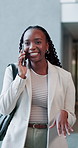 Happy, business and black woman with phone call in office for discussion, contact editor and approval. Journalist, walking and talking with mobile to interview source, story feedback and publication 