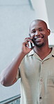 Smile, phone call and walking with black man in convention center for conference, seminar or tradeshow. Business, communication and negotiation with employee in lobby for event, expo or symposium