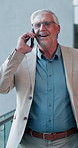 Smile, phone call and walking with man in convention center for conference, seminar or tradeshow. Business, communication and negotiation with mature employee in lobby for event, expo or symposium