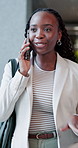 Business, black woman and talk with phone call in office for discussion, contact editor and approval. Journalist, walking and chat with mobile to interview source, story feedback and publication tips