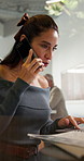 Communication, phone call and businesswoman with laptop in office for research on finance deal. Computer, window and financial manager on mobile discussion for investment negotiation in workplace.