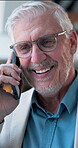 Smile, business and man with phone call in office for discussion, finance advice and negotiation. Mature man, talking and mobile for consultation, contact client and financial chat of investment tips